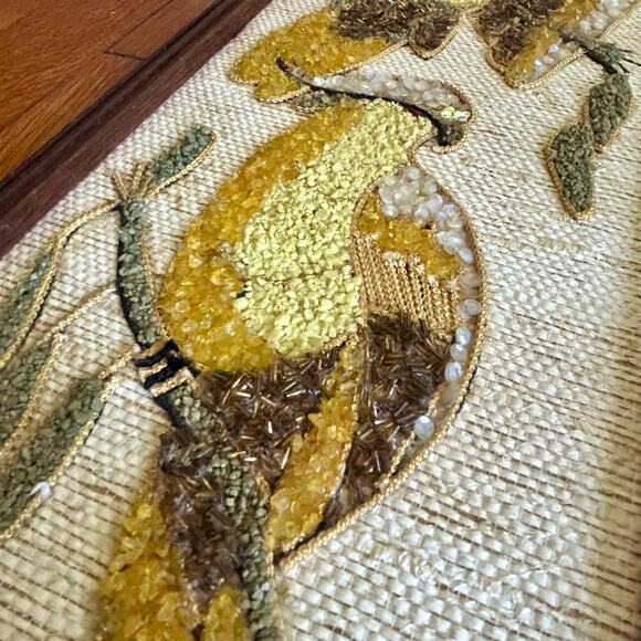 Vintage Burlap Wall Art with Birds – Mid Century Textured Wall Hanging - Picture 11 of 15